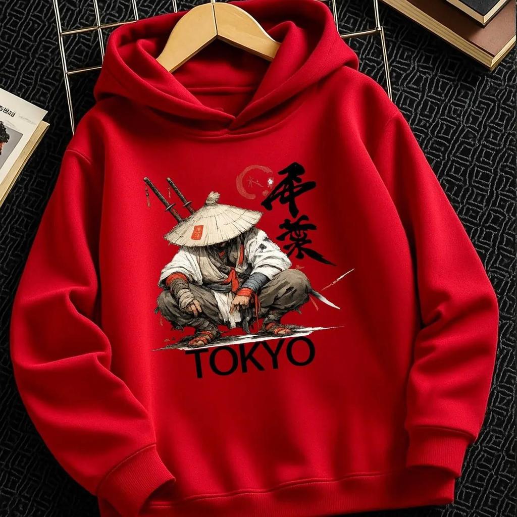 Cozy kids hooded pullover with retro tokyo samurai design, soft premium fabric, suitable for kids daily home wear and cool autumn family gatherings.