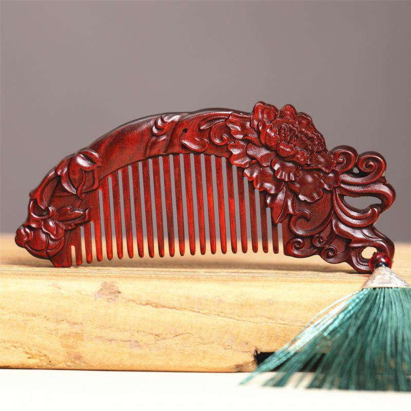 Rosewood Red Sandalwood Hairdressing Comb with Peony Flower Design