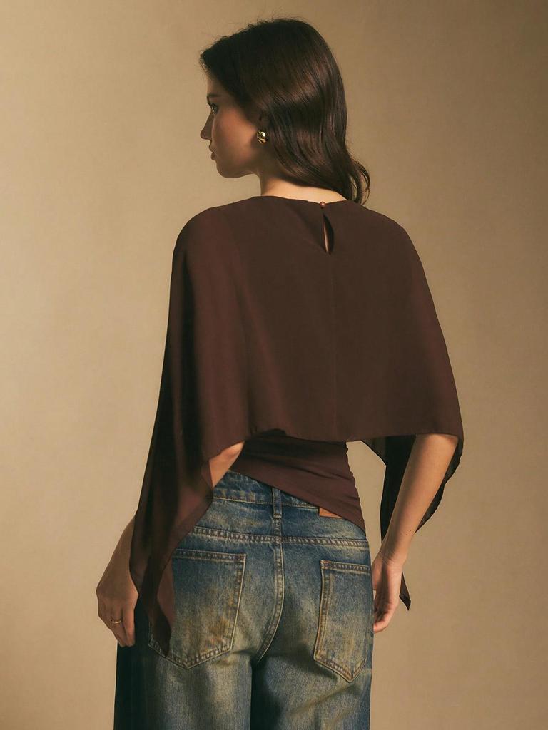 2026 Summer Women's Cape Sleeve Chiffon Top: Round Neck, Loose, Elegant Irregular Design