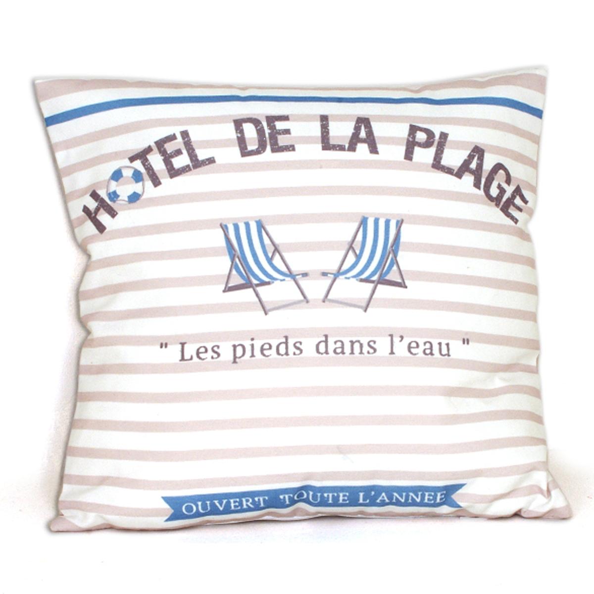 

Les Trésors De Lily [A0273] - Подушка хлопковая Cabourg - Hotel de la Plage сине-бежево-белая - 40x40 см бежевый