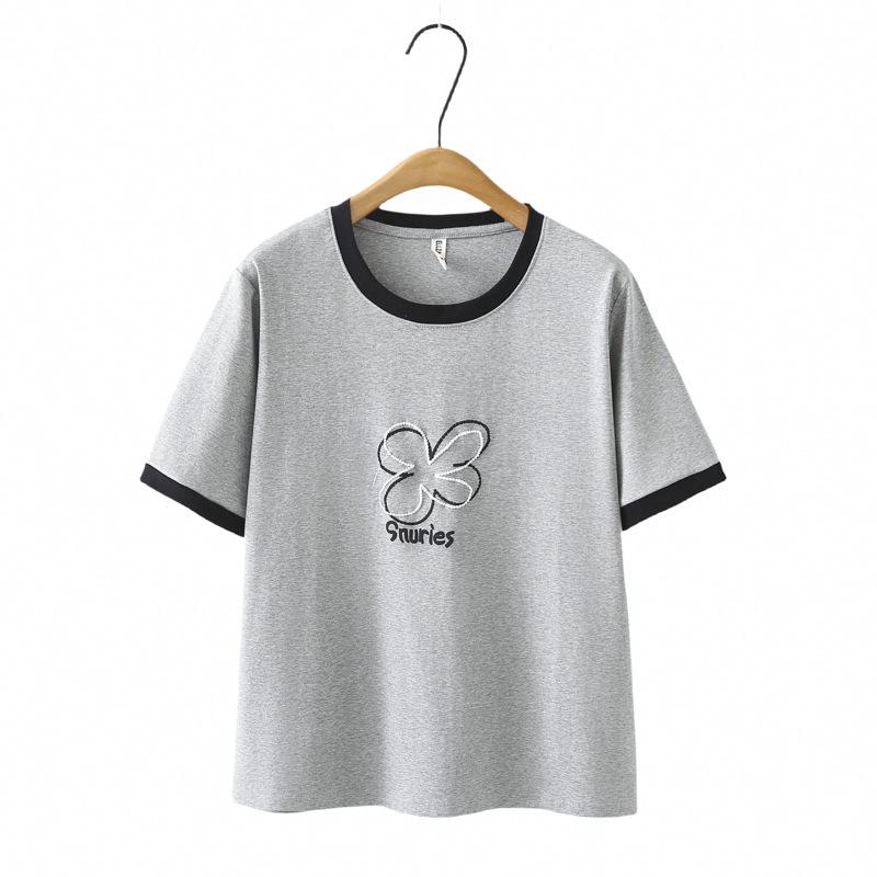 

Plus Size Women s Cotton Short Sleeve T-Shirt - Summer 2025 Style, Loose Fit, Slimming Print, Color Block, Trendy Top 4XL серый/цветочный