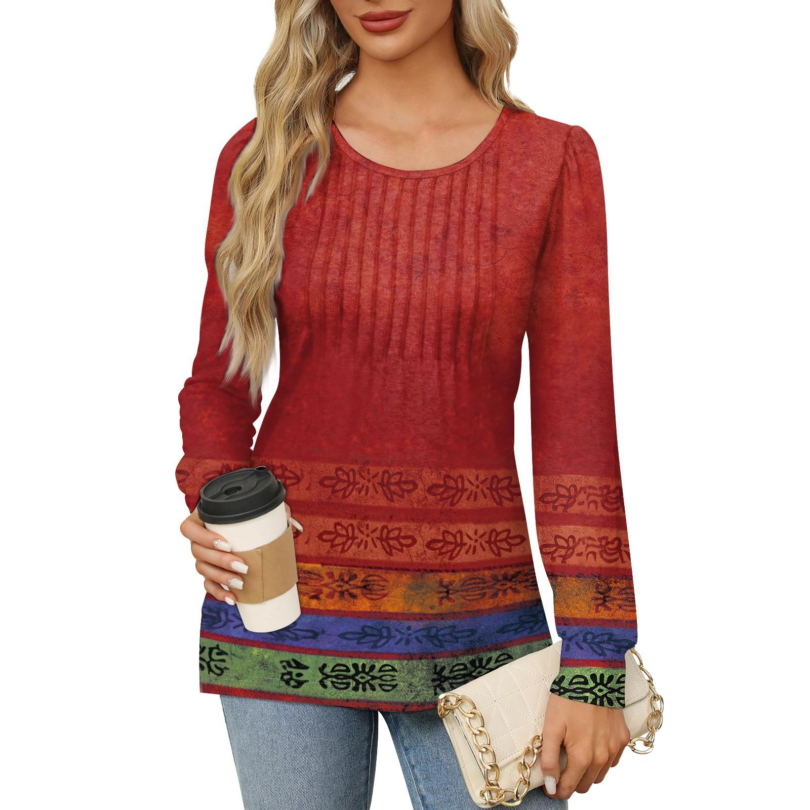 Женская повседневная плиссированная футболка с круглым вырезом и длинными рукавами — фото 11