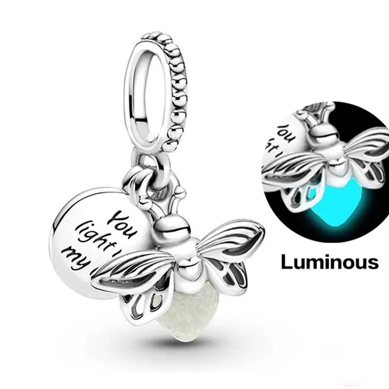 

Copper Bead Glow-In-The-Dark Lightbulb Firefly Double Pendant Charm Fit Original Bracelet Women Diy Jewelry Accessories Gift