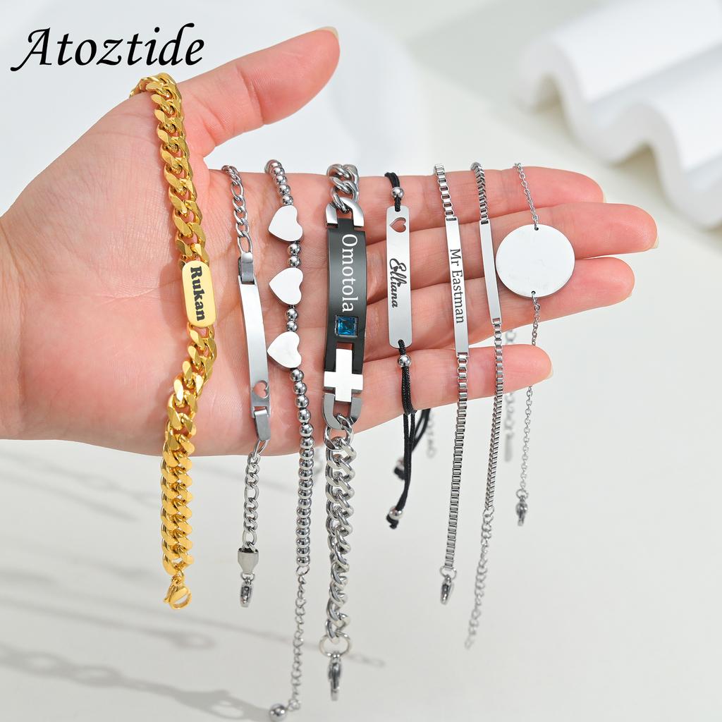 Atoztide Personalized Engrave Name Date Bracelet Set Stainless Steel For \Women Men Adjustable Link Cuban Chain Jewelry Gift