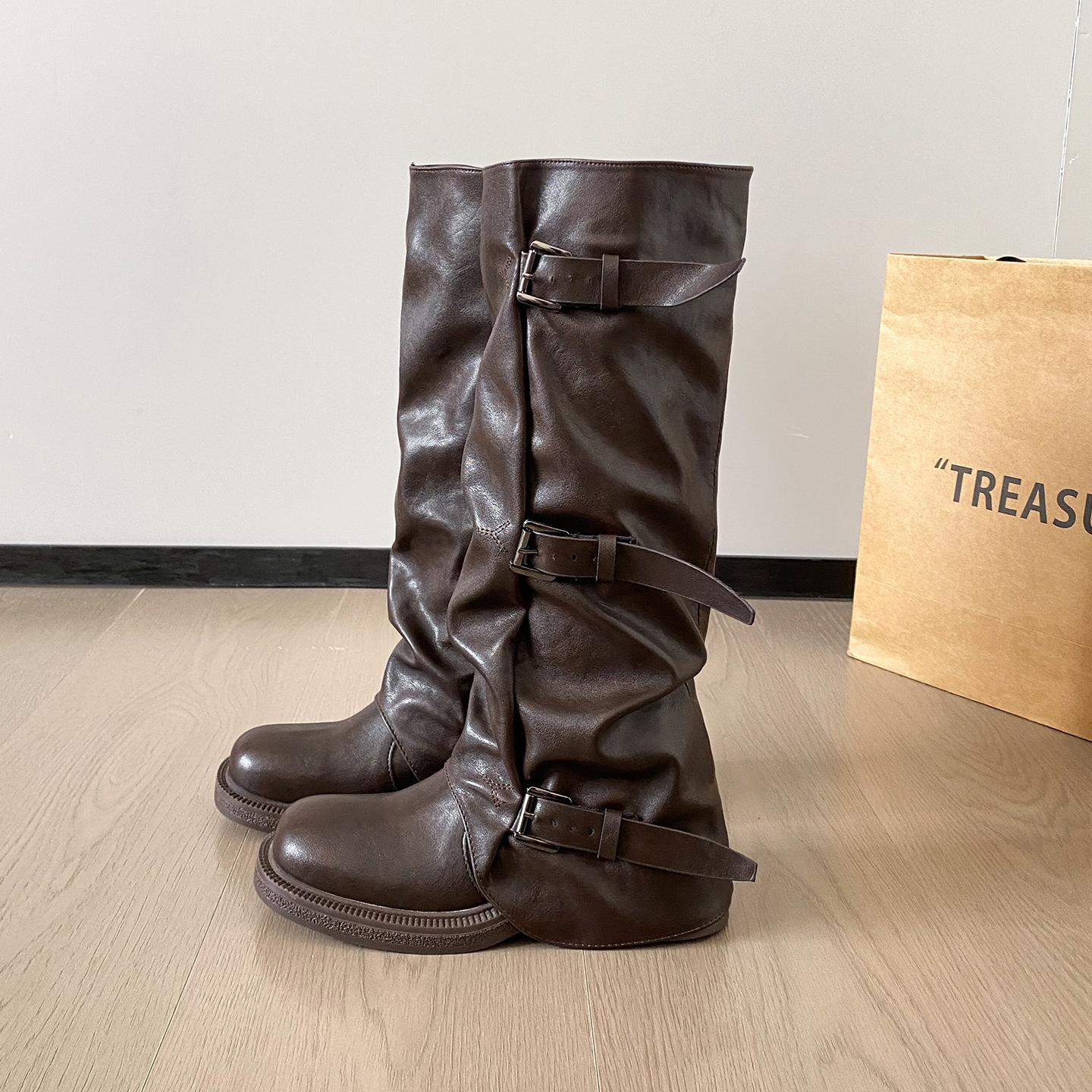 

Мама-Виноград в том же стиле~ Пряжка ремня Квадратный носок Складки Высокие до колена Ботинки-рыцари Кожаные ботинки Широкие Толстые мм Большой размер 41-43 43