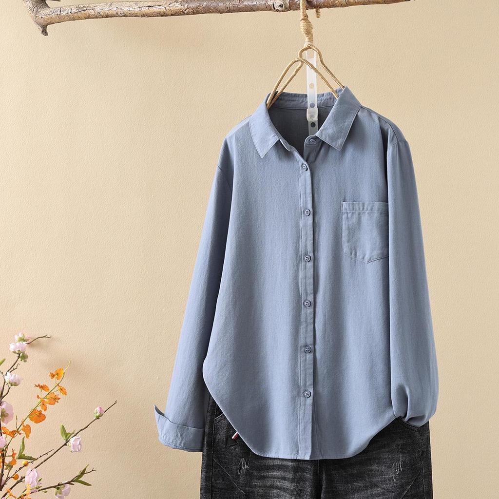 2026 Spring/Autumn Solid Color Brushed Cotton Long-Sleeve Unisex Japanese Casual Shirt