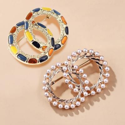Broche de doble círculo con esmalte colorido y perlas, broche para abrigo, bufanda, joyería de lujo