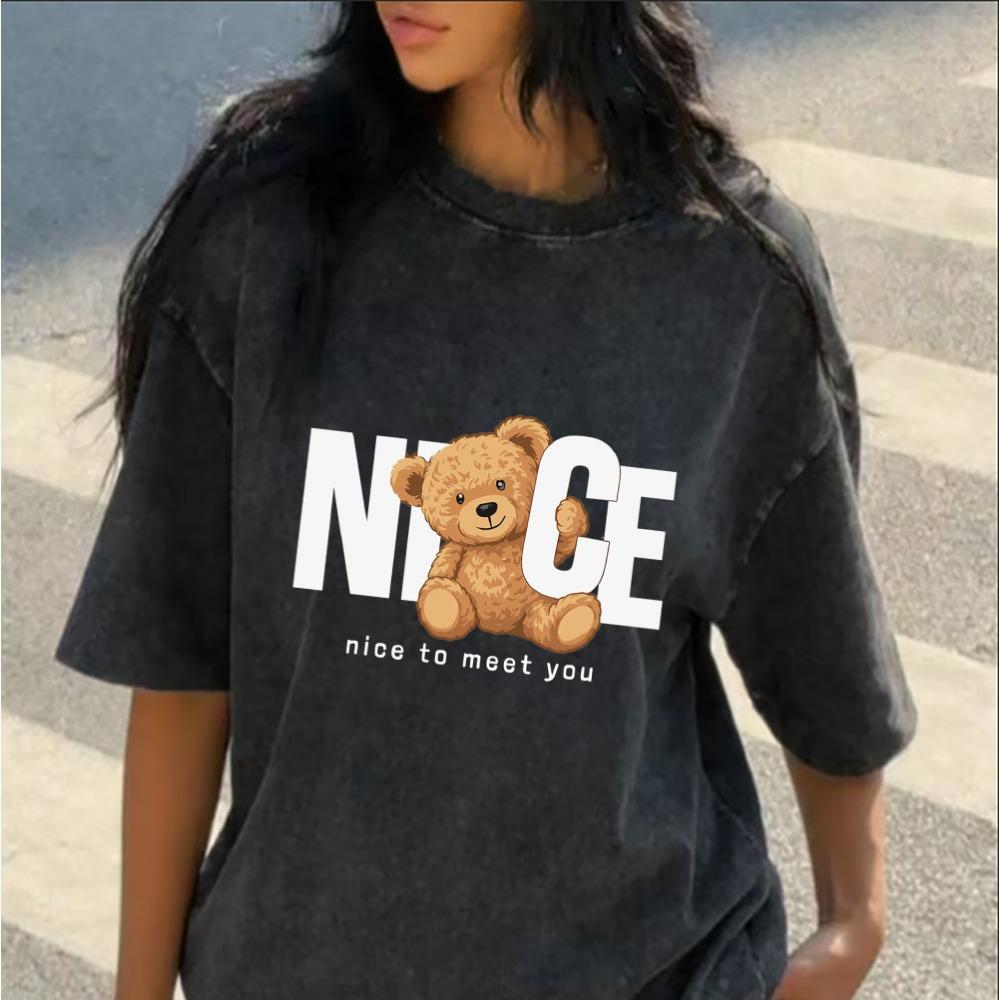 Washed Cotton Cute Teddy Bear Print T-Shirt Casual Cartoon Bear Graphic Tee Loose Short Sleeve for Daily