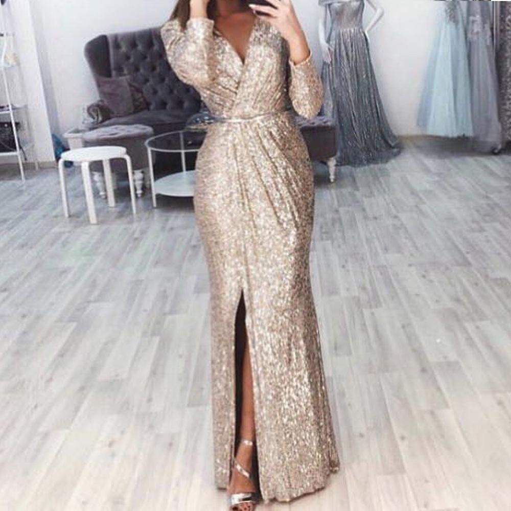 Sparkling Crystal V-Neck Evening Gown - Elegant Luxury Banquet & Performance Dress