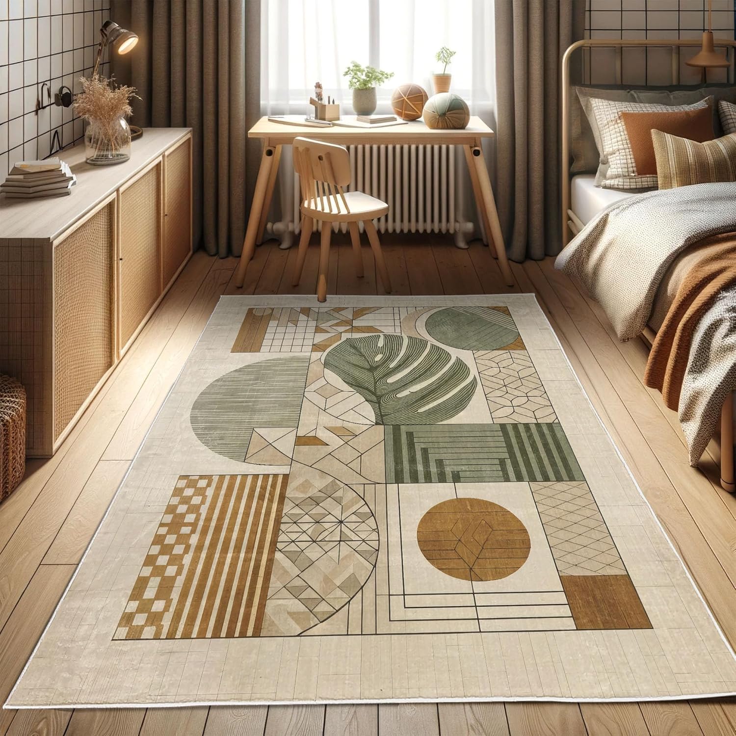 

Modern Art Decorative Rug, Abstract Design of Color Jumble with Geometric Leafy Ornaments and Fish, Quality Carpet for Bedroom 60x90CM