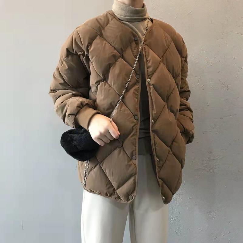 Women's Rhombus-Patterned Padded Jacket – Short Winter Bread-Style Jacket, Down-Filled Cotton Padded Coat and Collarless Quilted Jacket