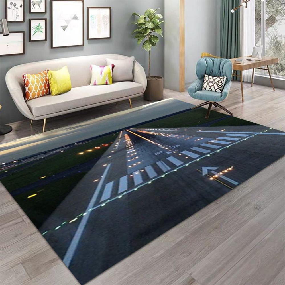 Airport Runway Carpet 3D Airplane Takeoff Design Sunset Cityscape Pattern Non Slip Large Area Rug for Modern Living Room