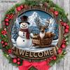 Christmas Wooden Welcome Sign with Snowman & Elk Pattern - Navidad Round Sign for Front Door, Wall Hanging Decor - Ideal Christmas Ornament