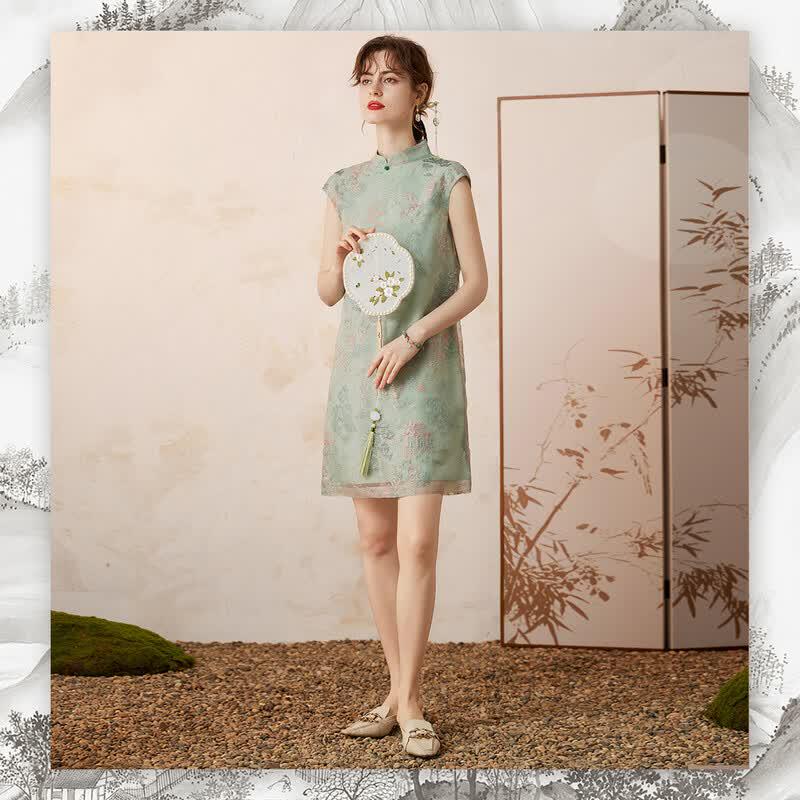 Bailuyu New Chinese Style Embroidered Stand Collar Qipao Dress