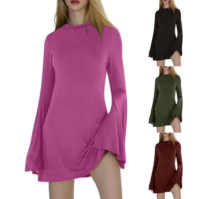 Women's Autumn And Winter Solid Color Long Sleeve Flared Sleeve Round Neck Dresses