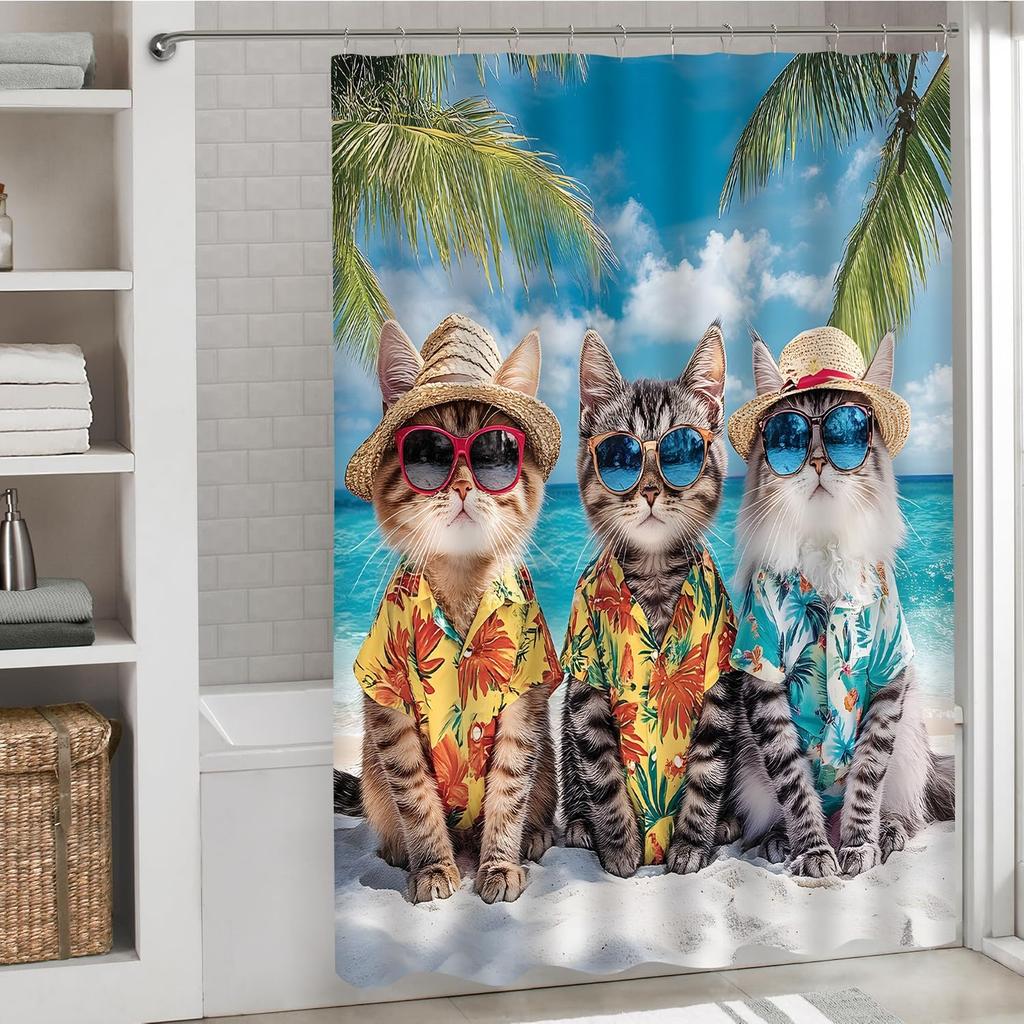 Lustiger Katzen-Duschvorhang Ozeanstrand-Thema Niedliches Lustiges Tier Palmenblatt Tropische Pflanze Sommersonnenlicht Naturlandschaft Nautisch