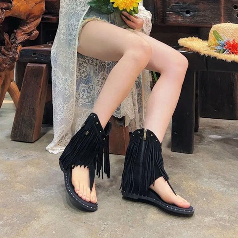 [] Pinch-in tassel sandals women's new summer open-toe side zipper inner height-increasing cool boots