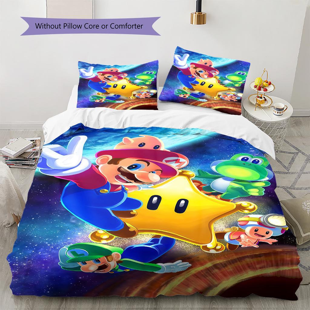 3PCS Super Mario Bed Set Skin-friendly Microfiber Duvet Cover & Pillowcases Cute Cartoon Kids Bedroom Bedding