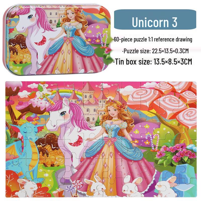 60-Piece Children's Wooden Cartoon Jigsaw Puzzle in Tin Box for Early Education