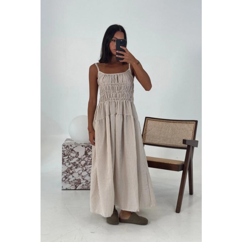 Women Sexy Loose Striped Suspender High Waist Slimming Commuting Midi Dress