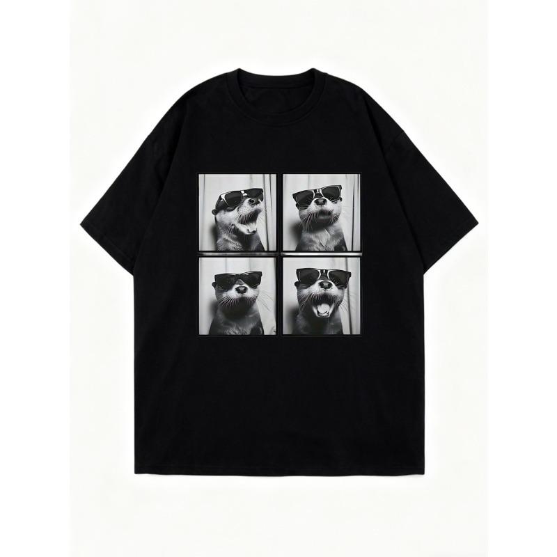 Oversized T-Shirt Black Otter With Sunglasses Print Casual Wear For Women Summer Outfit Streetwear Fashion Trendy Top