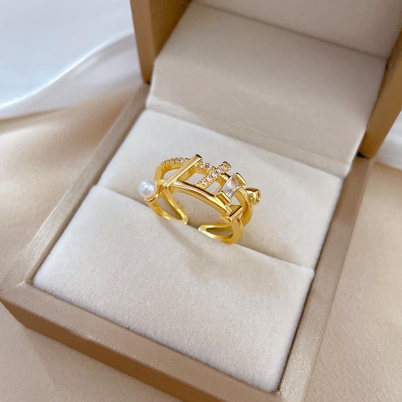 

Real Gold Electroplated Open Pearl Geometric Fashion Slightly Inlaid Light Luxury Ring Index Finger Ring Same Cold Wind adjustable opening