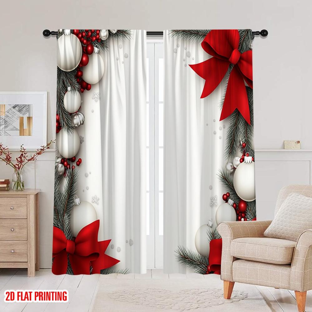 2 Stück, 2D-Flachdruck Moderne Vorhänge Weihnachtskugeln Kiefernzweige Rote Schleifen (4) Polyester, einfache Installation (ohne Stange)
