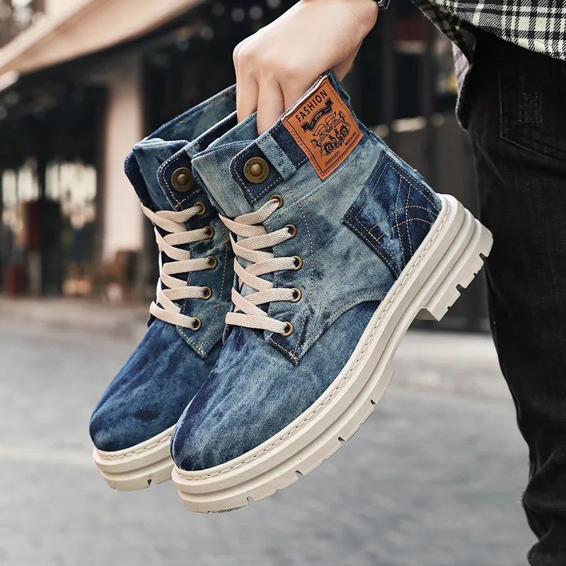 Men's Shoes Style Height Increase Breathable Mid Top Shoe Fashion Denim Casual Versatile Workwear Shoes Casual Boots Shoes