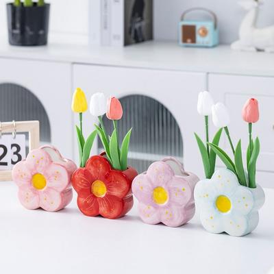 Multi-functional Ceramic Flower Shaped Vase Desktop Ornament Colorful Pen Container Makeup Brush Holder Storage Tank