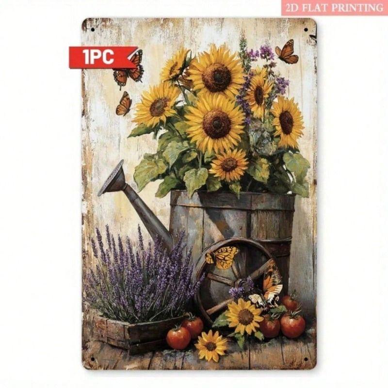 Metal Poster Sunflower Butterfly Wall Art Decor for Living Room Kitchen Garden Cafe