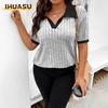 Camicette e camicie con collo a polo, maniche corte, stampa tinta unita, moda casual da donna