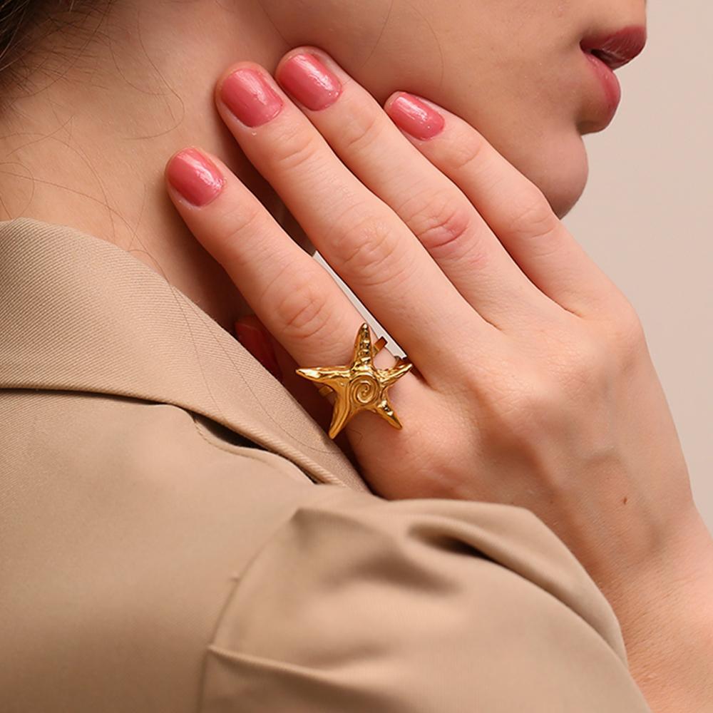 MamacitaSlay 316L Stainless Steel Starfish Central Vortex Opening Rings Waterproof 18K Gold Plated Jewelry Women's Unique Gift