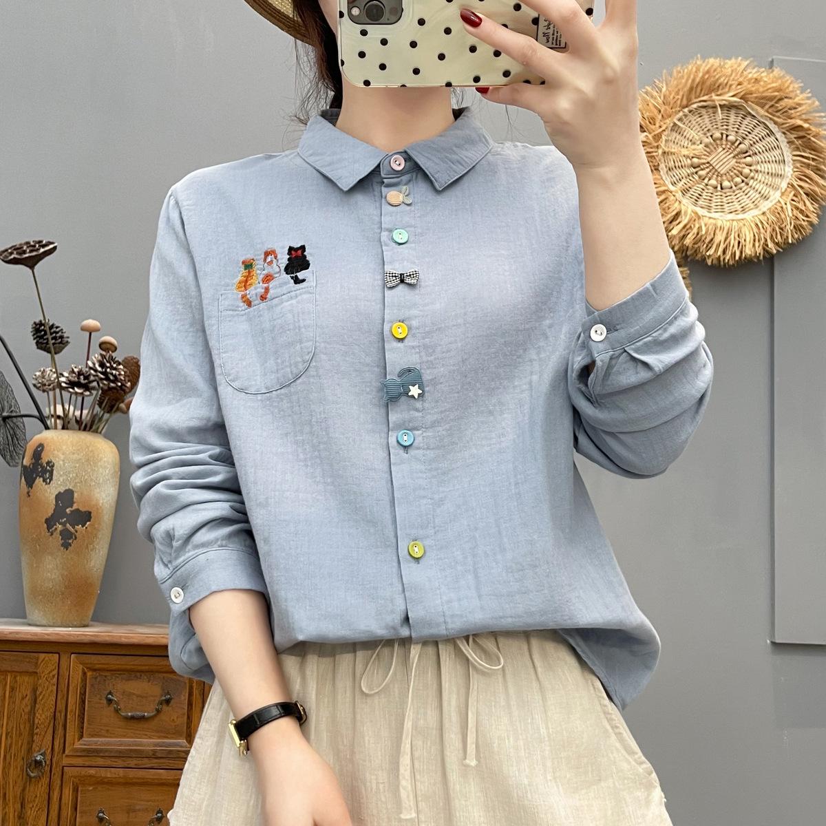 

Fashionable Cat Embroidery Cotton Gauze Long-Sleeve Shirt with 3D Decoration for Women - Casual Springwear L