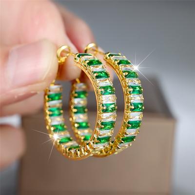 Luxury Female White Green Zircon Stone Hoop Earrings Vintage Fashion Gold Color Wedding  For Women