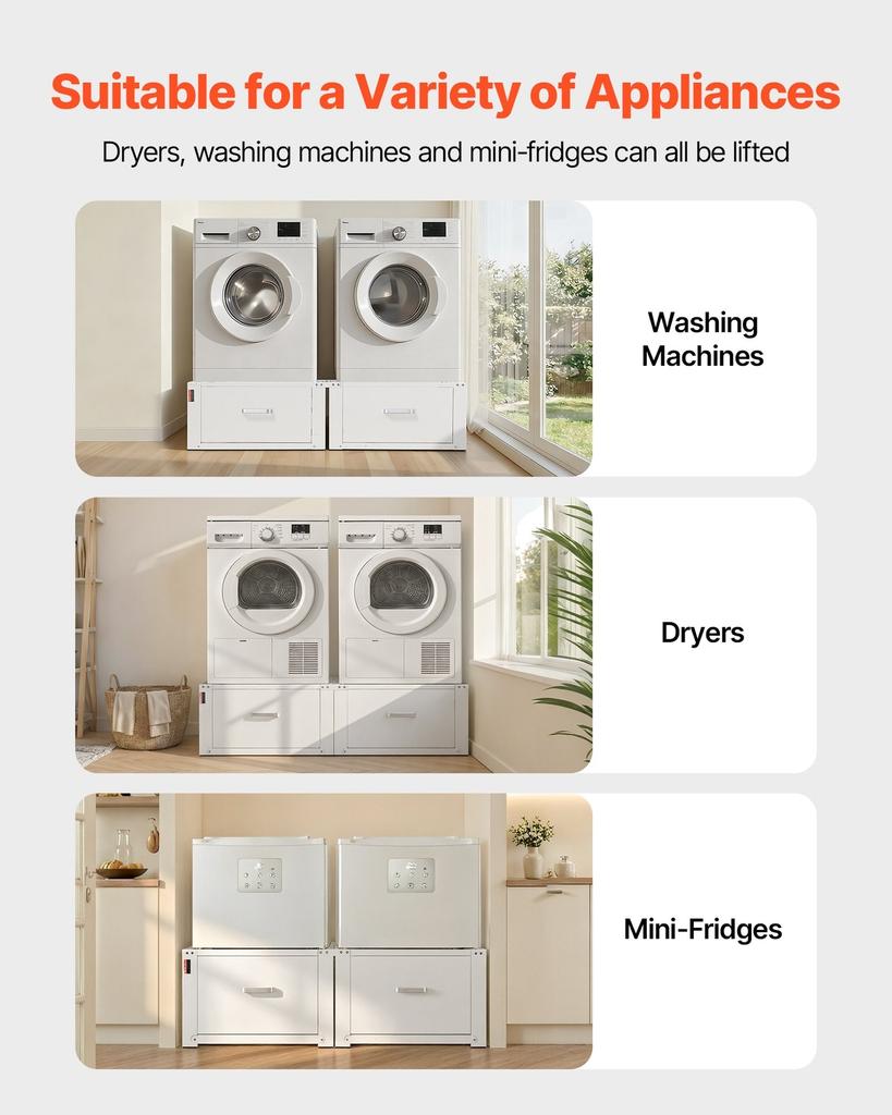 Laundry Pedestal, 290 mm Height, Washer and Dryer Pedestals with Drawer, 150 kg Weight Load Capacity, Non-Slip Feet, Heavy-duty Steel Washing Machine