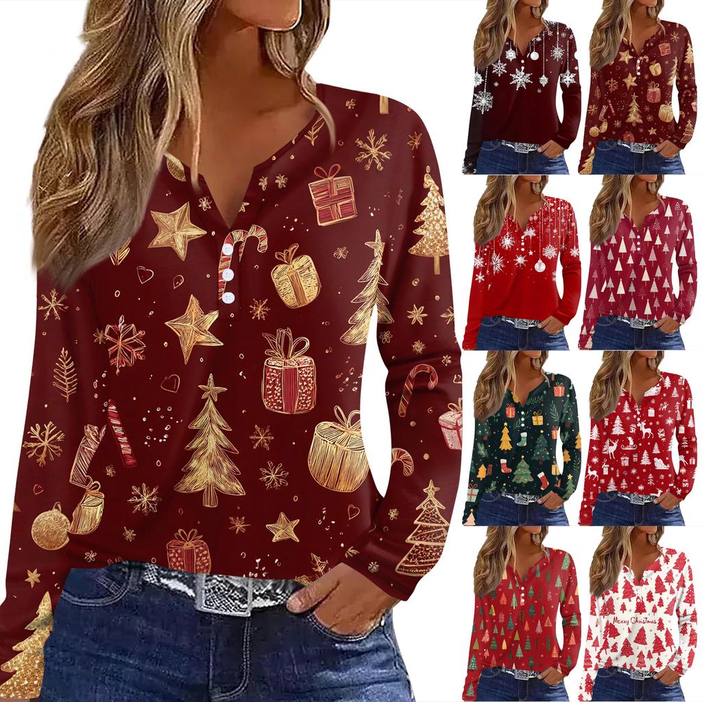 T-skjorte for kvinner Juletrykk Langermet knapp Daglig helgmote Basic V-hals vanlig topp