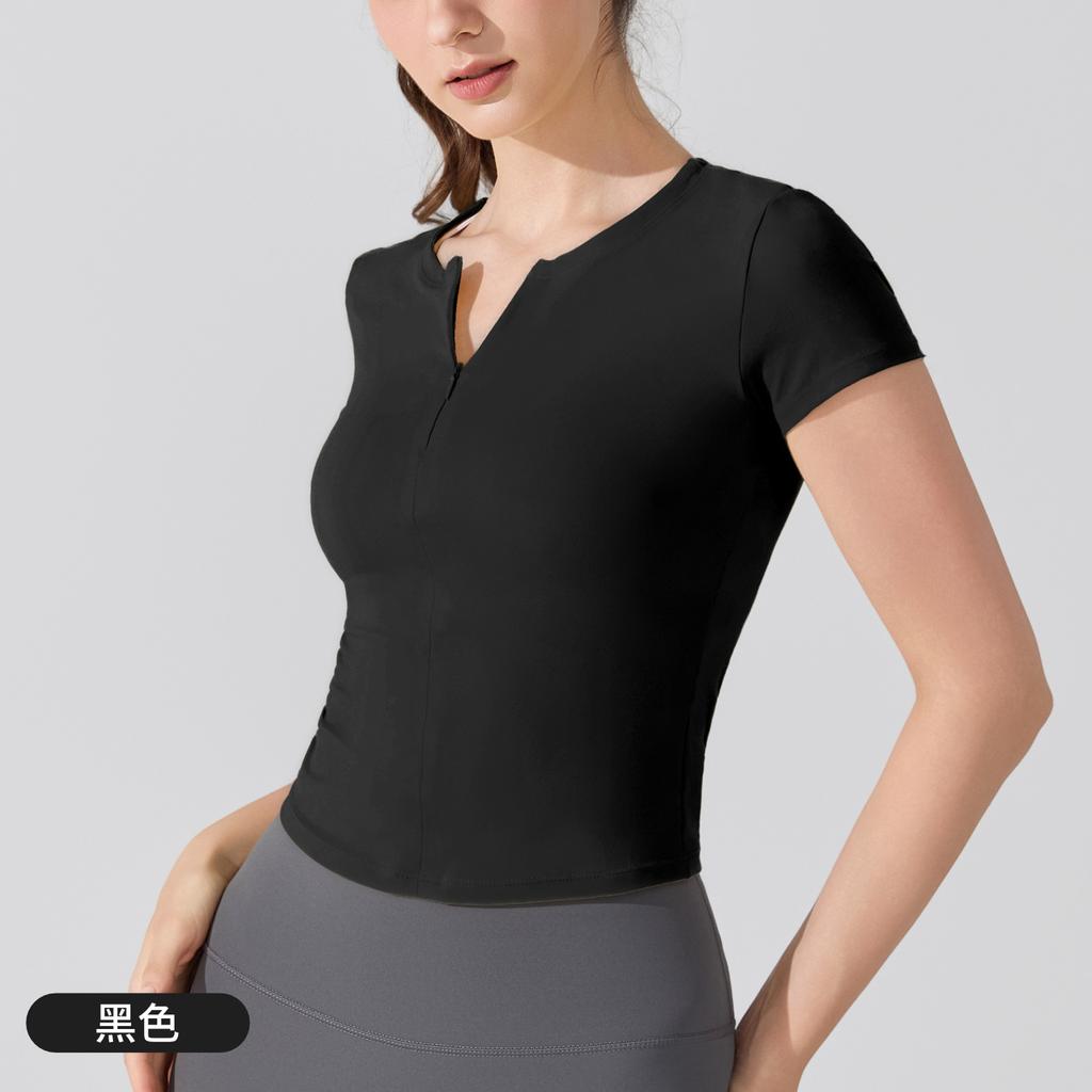 Naked Slimming Yoga Short Sleeve Waist Sports Crew Neck T-Shirt Half Zipper V-Neck Fitness Tights