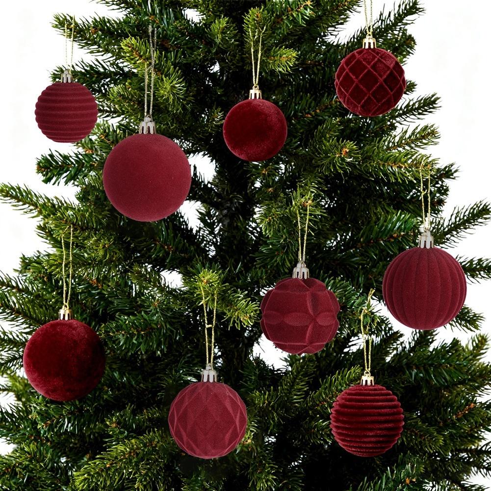 Set of 12 Burgundy Flocked Velvet Christmas Ball Ornaments for DIY Tree Decorations with Soft Flannel Fabric and European Design