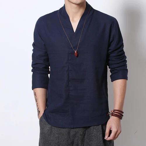 Linen Shirt Men 2025 Mens Spring Long Sleeve V-Neck Shirts Men Chinese Style Cotton Shirts Male Casual Soild Color Blouse