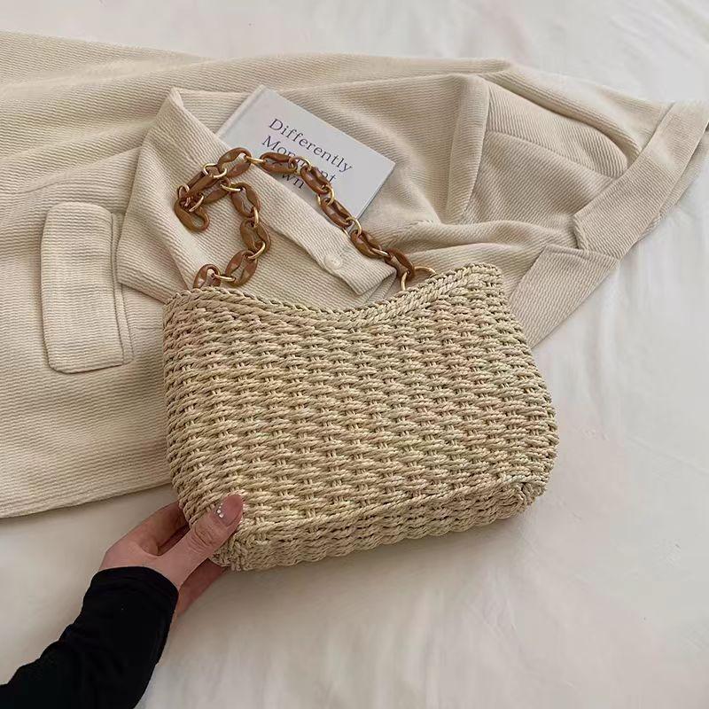 New High-end Straw Bag Woven Bag Women's Shoulder Straw Bag Versatile Portable Women's Bag Seaside Vacation Beach Bag