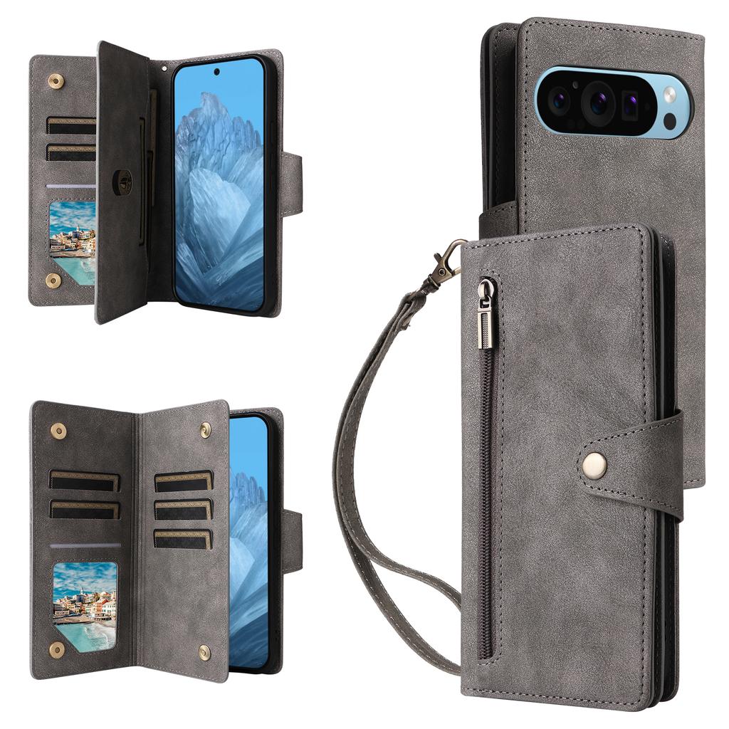 Phone Case For Google Pixel 10/10 Pro/9/9 Pro ,Zipper Wallet Rivet Decor Leather Cover with Wrist Strap