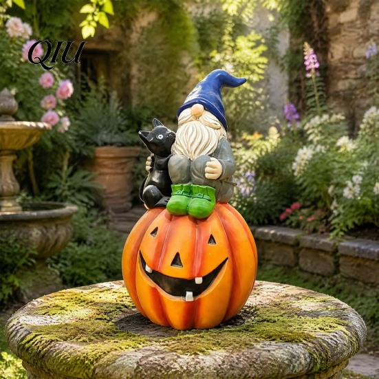 Holiday Gift for Her Halloween Gnome Outdoor Garden Statue, Resin On Pumpkin Figurine with Ornaments Black Cat, Fall Autumn Dwarf Sculpture Porch Yard