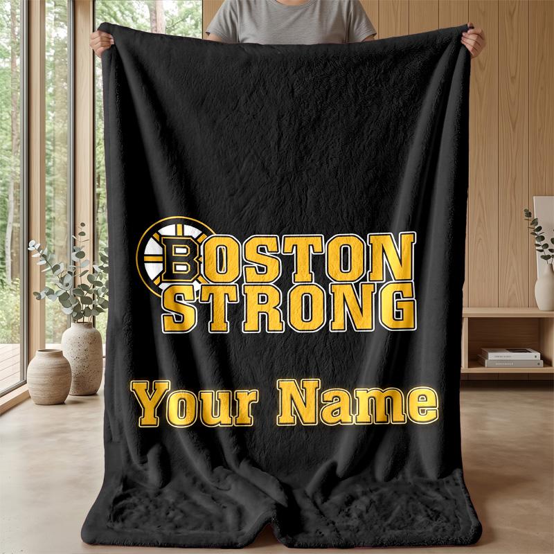 Boston Bruins Custom Flannel Throw Blanket Print Your Name Text Soft Warm Blanket Holiday Present
