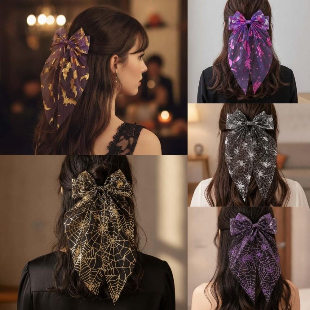 Bronzing Transparent Halloween Bow Hair Clip Mesh Tassel Halloween Hairpin  Festival Daily Wear