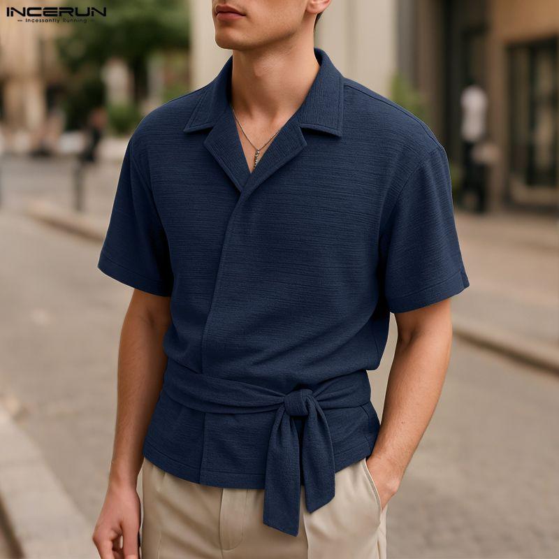 INCERUN Men Casual O Neck Short Sleeve Front Cross Lace-up T-Shirts Tops