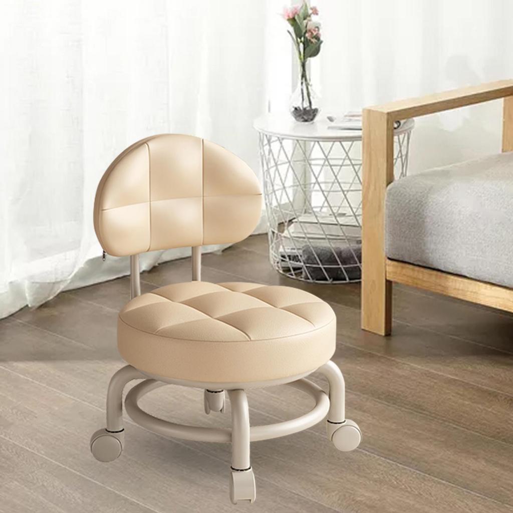 Low Round Rolling Stool PU Leather 360° Rotating Pulley Stool Roller Seat Short Stool for Home Library Office Garage Salon