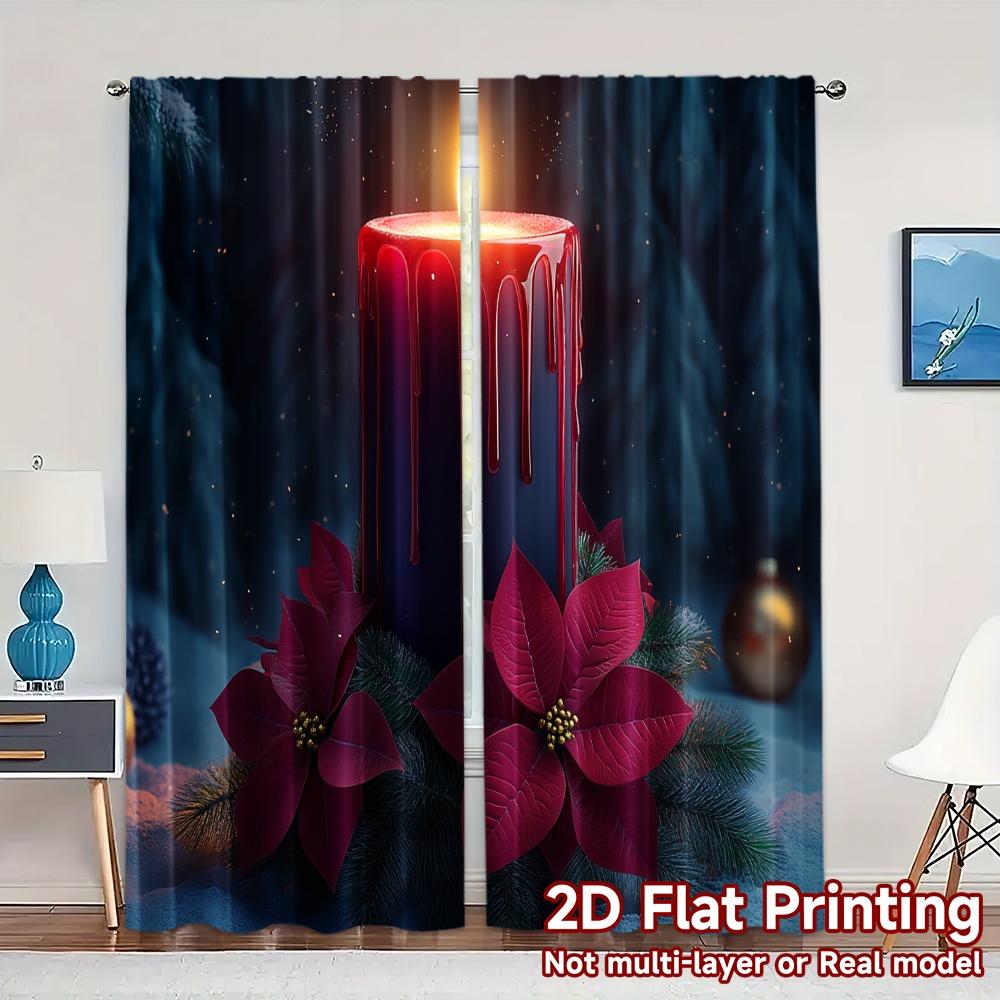 

Modern Curtains Candle Christmas Poinsettia Wreath Drapes Versatile Polyester Decorations Perfect Set Of 2 Made W100*H70(CM)-Hooks&2PCS