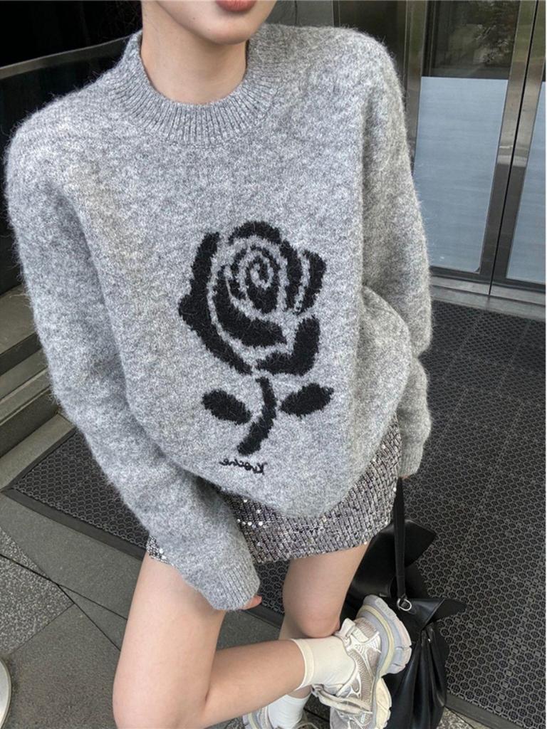 Sweet Lazy Rose Long Sleeve Knit Sweater - Women's Loose Warm Jacquard Top for Autumn Winter