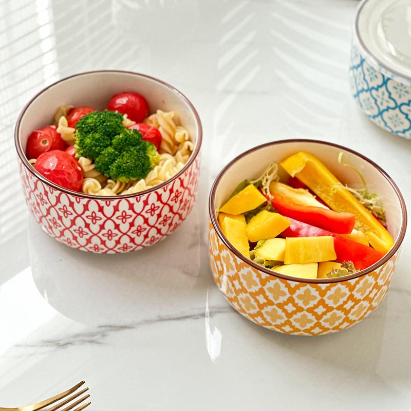 1-Pack 5.3 Inch Bohemian Lidded Fresh-Keeping Bowl, Microwave-Safe Multi-Purpose Fresh-keeping Bowl, Fruit/Salad/Pasta/Rice/Soup