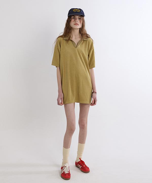 Green Butter Terry Open-Collar Dress (Khaki Beige)